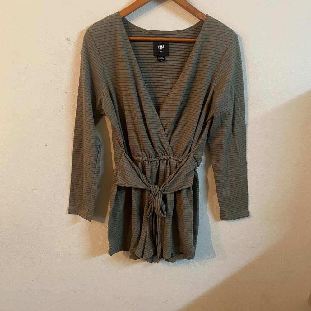 BILLABONG MEDIUM OLIVE GREEN LONG-SLEEVE FAUX-WRAP RIBBED ROMPER WITH STRIPES